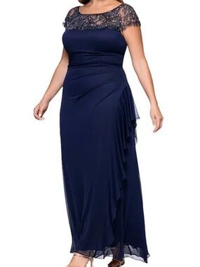 Xscape Navy Blue Plus-Size Beaded Illusion Neck Gown NWOT